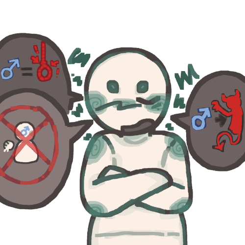 A drawing of a white and teal person with a angry expression. Their arms are crossed and eyes are closed. Around them there are 3 gray speechbubbles. Speech bubble number one has a make symbol and a red noose symbol with a black equal sign between the two. Speech bubble numbe two has a small drawing of a person waving with a male symbol on their face , there is a red X crossing out the person. Speech bubble number three has a male symbol and a red demon symbol , there is a black arrow point from the male symbol to the demon. 